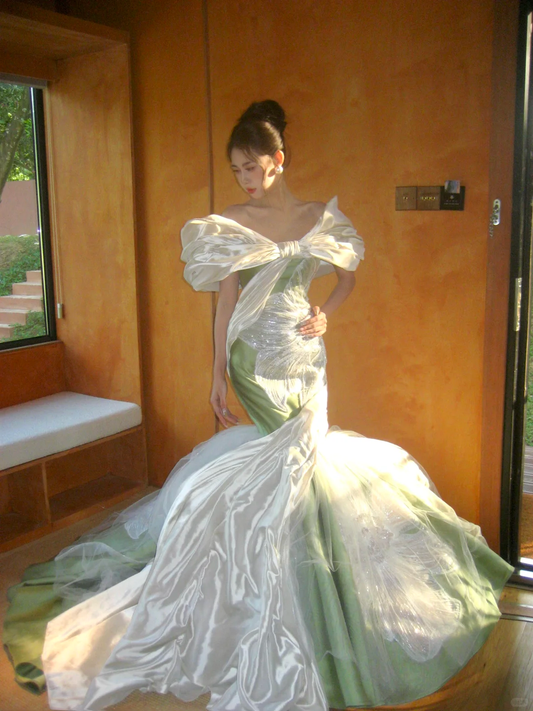 Dreamy Mermaid Off the Shoulder Beaded Green White Satin Prom Dress 18th Birthday Dress DP4461