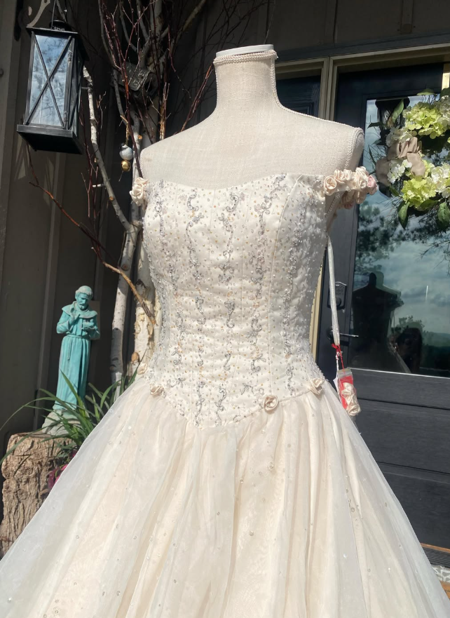 Retro A Line Off the Shoulder Beaded Light Apricot Satin Tulle Wedding Dress DP5521