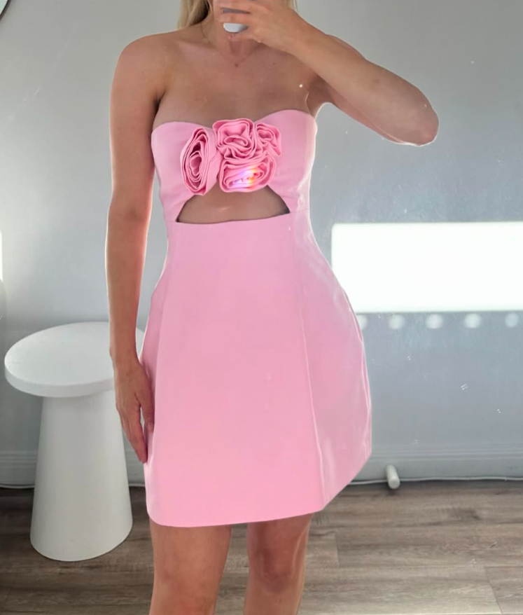 Pink A Line Strapless Floral Satin Short Prom Dress Homecoming Dress DP7461