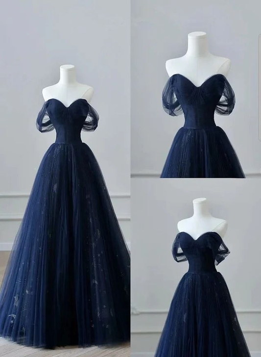 Navy Blue Off Shoulder Tulle Long Party Dress Prom Dress DP378