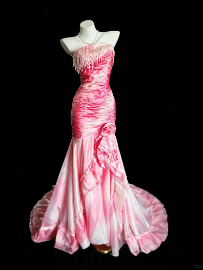 Vintage Pink Ombre Mermaid Strapless Beading Satin Prom Dress Party Evening Dress DP5348
