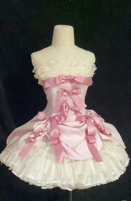 Pink Bow Ball Gown Strapless Lace Satin Homecoming Dress Birthday Dress DP3232