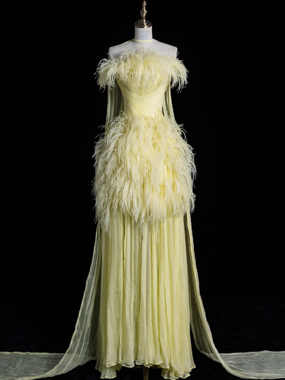 Light Yellow A Line Strapless Feather Tulle Long Prom Dress Graduation Prom Dress DP1970