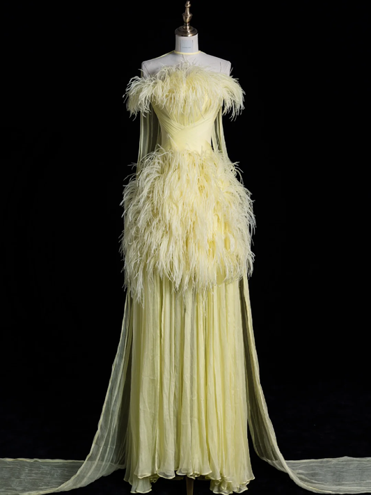 Light Yellow A Line Strapless Feather Tulle Long Prom Dress Graduation Prom Dress DP1970