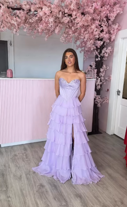Lilac A Line Strapless Beaded Layered Chiffon Long Prom Dress Evening Dress DP6778