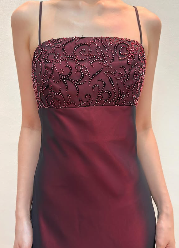 Vintage Sheath Straps Black Chiffon Burgundy Satin Prom Dress Evening Dress Date Dress DP5287