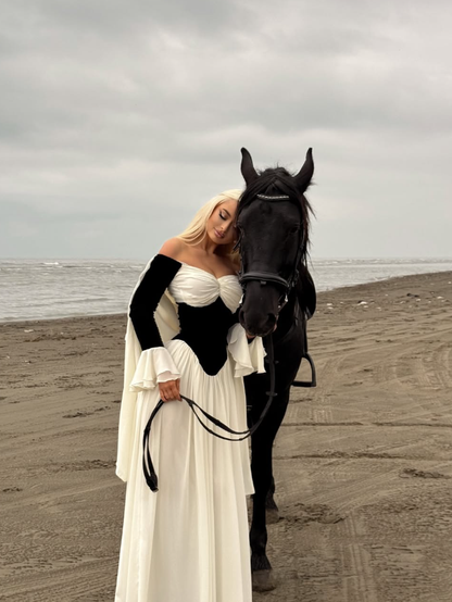 Classic Ivory Black A Line Long Sleeve Velvet Chiffon Long Prom Dress Evening Dress DP3260