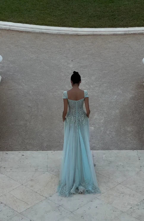 Baby Blue A Line Exquisite Beaded Tulle Prom Dress Wedding Guest Dress DP5741