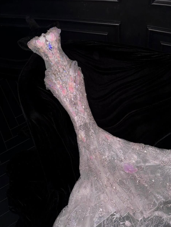 Stunning Pink Mermaid Strapless Exquisite Beaded Floral Tulle Prom Dress Evening Dress DP6620
