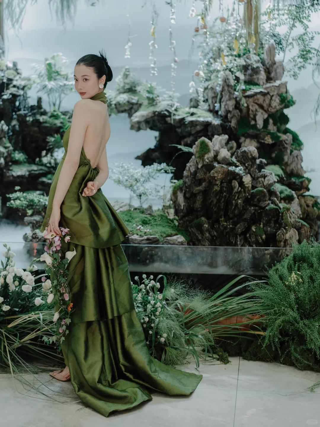Stunning A Line Halter Green Satin Open Back Long Party Dress Prom Dress DP2535