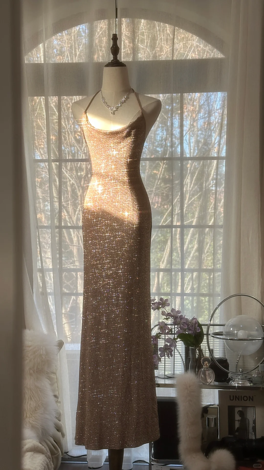 Sexy Sheath Halter Sequin Long Open Back Party Dress Evening Dress DP2477