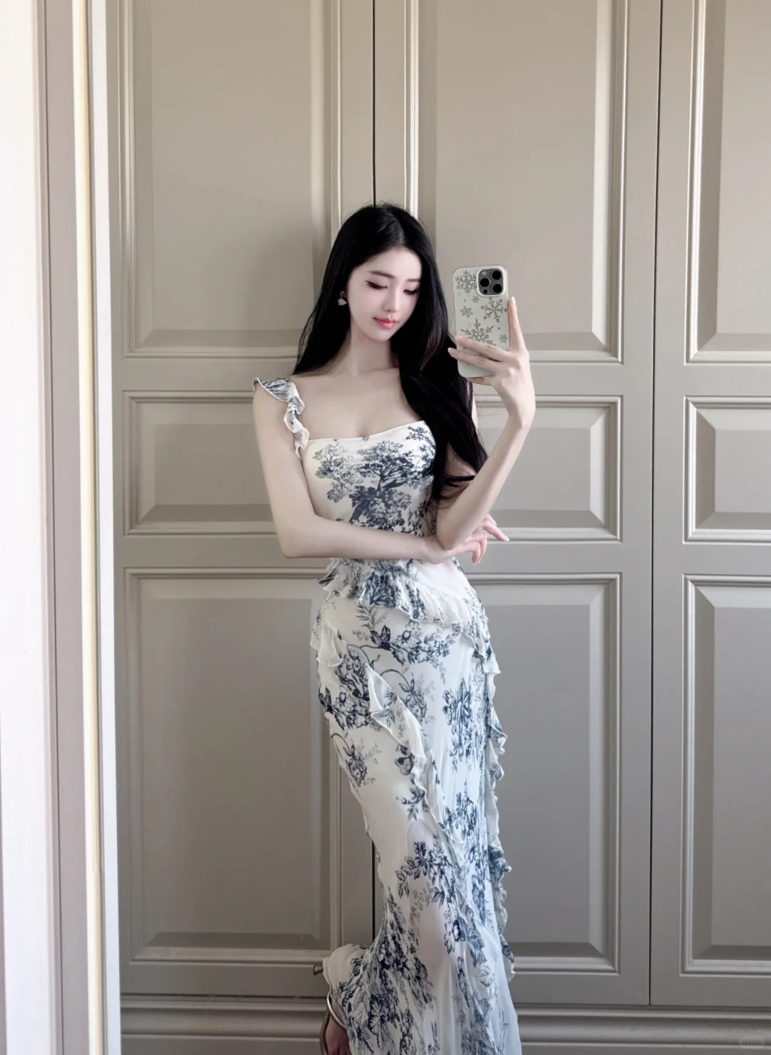Elegant Mermaid Straps Blue Print Floral Chiffon Long Prom Dress Outfits DP4613