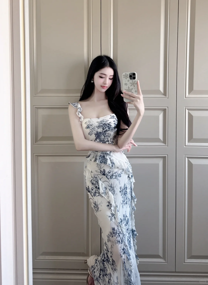 Elegant Mermaid Straps Blue Print Floral Chiffon Long Prom Dress Outfits DP4613