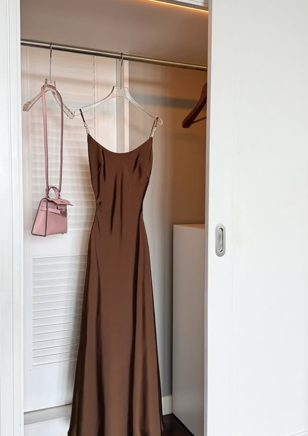 Simple Brown A Line Spaghetti Strap Satin Prom Dress Evening Dress DP5919