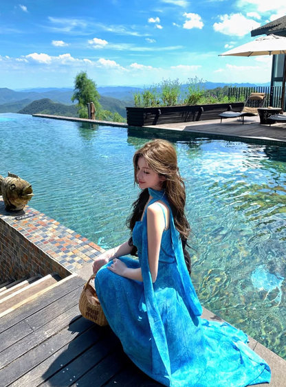 Stunning Blue A Line Spaghetti Straps Rose Print Chiffon Long Prom Dress Party Dress DP4748