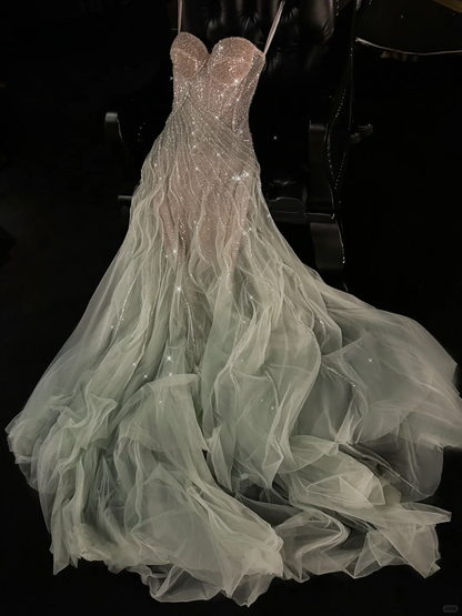 Fairy A Line Spaghetti Strap Beaded Sequin Tulle Long Prom Dress Evening Dress DP1943