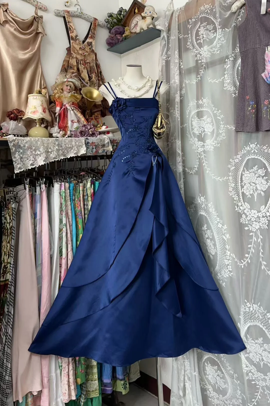 Vintage Navy Blue A Line Spaghetti Strap Beaded Embroidery Satin Prom Dress Evening Dress DP5234
