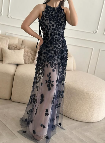Black A Line Halter Appliques Tulle Prom Dress Evening Dress DP5775