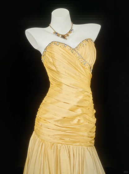 Yellow Mermaid Sweetheart Neck Beaded Satin Long Prom Dress DP4714