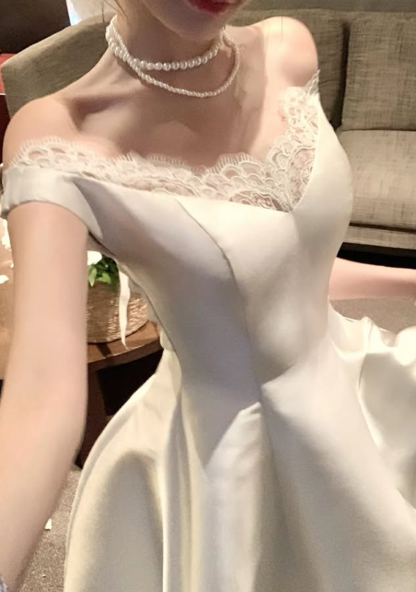 Light Champagne A Line V Neck Lace Satin Prom Dress Evening Dress DP7939