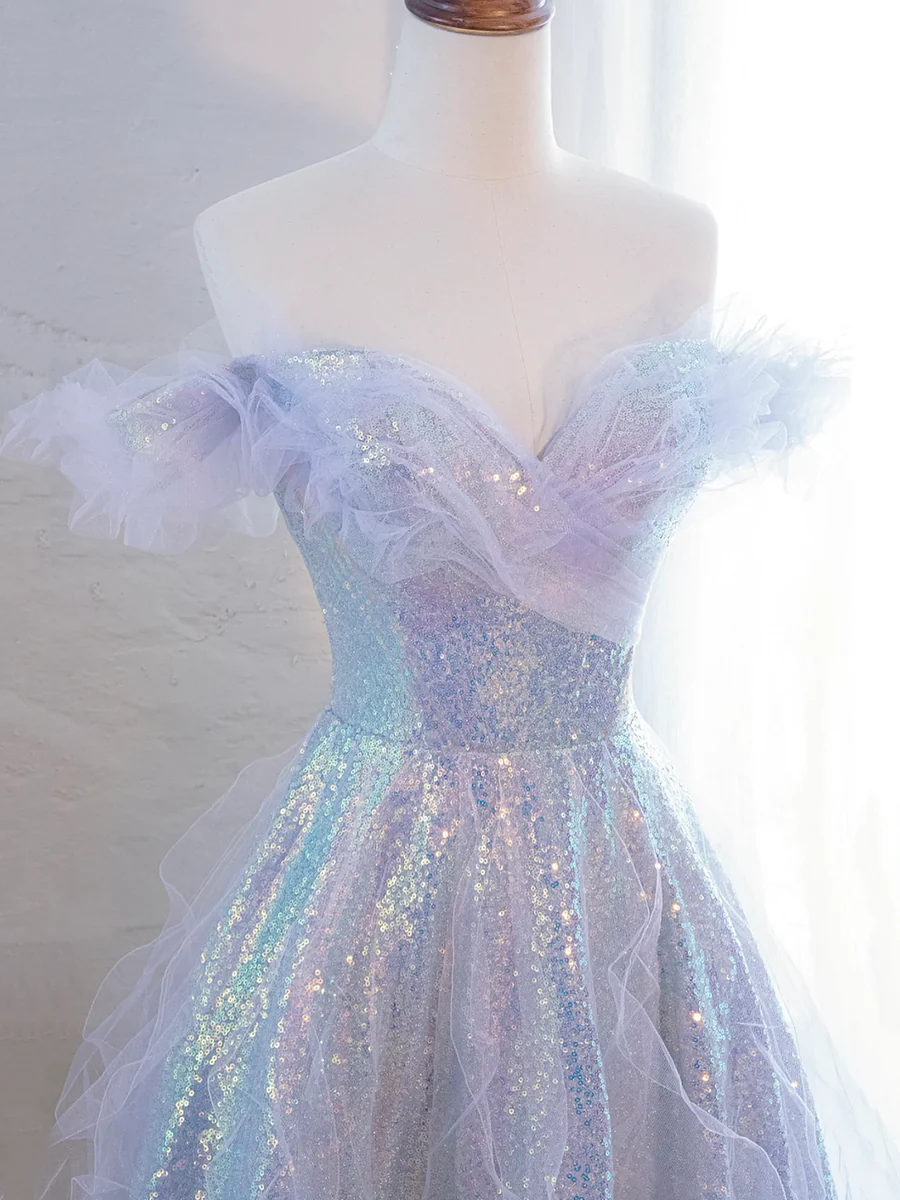 Shiny Lilac Tulle Sequins Long Prom Dress Off the Shoulder Evening Dress DP263