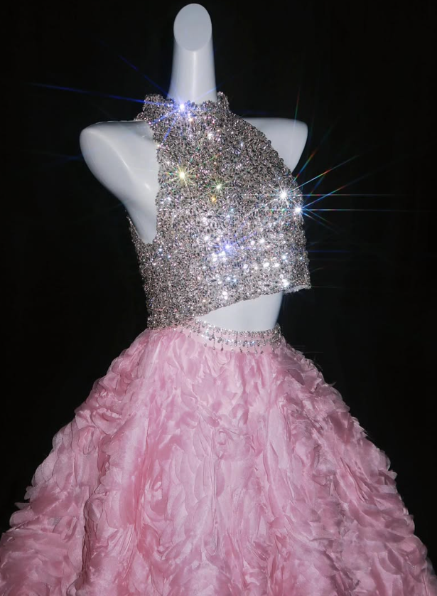 Shiny Rhinestone Ball Gown Exquisite 3D Pink Rose Tulle Prom Dress Quinceanera Dress DP6603