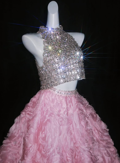 Shiny Rhinestone Ball Gown Exquisite 3D Pink Rose Tulle Prom Dress Quinceanera Dress DP6603
