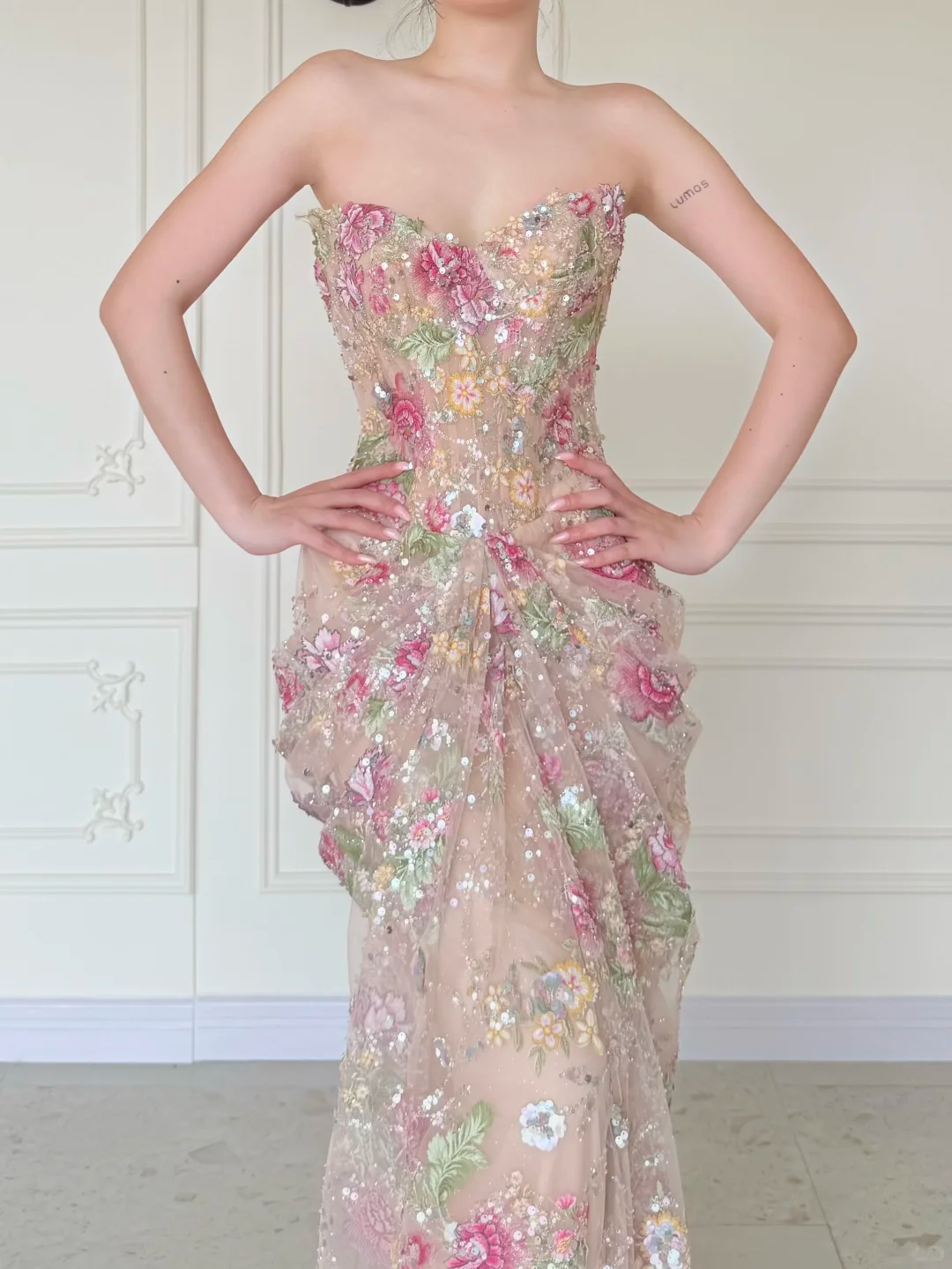 Luxurious Mermaid Strapless Floral Sequin Tulle Long Prom Dress Evening Dress DP5473