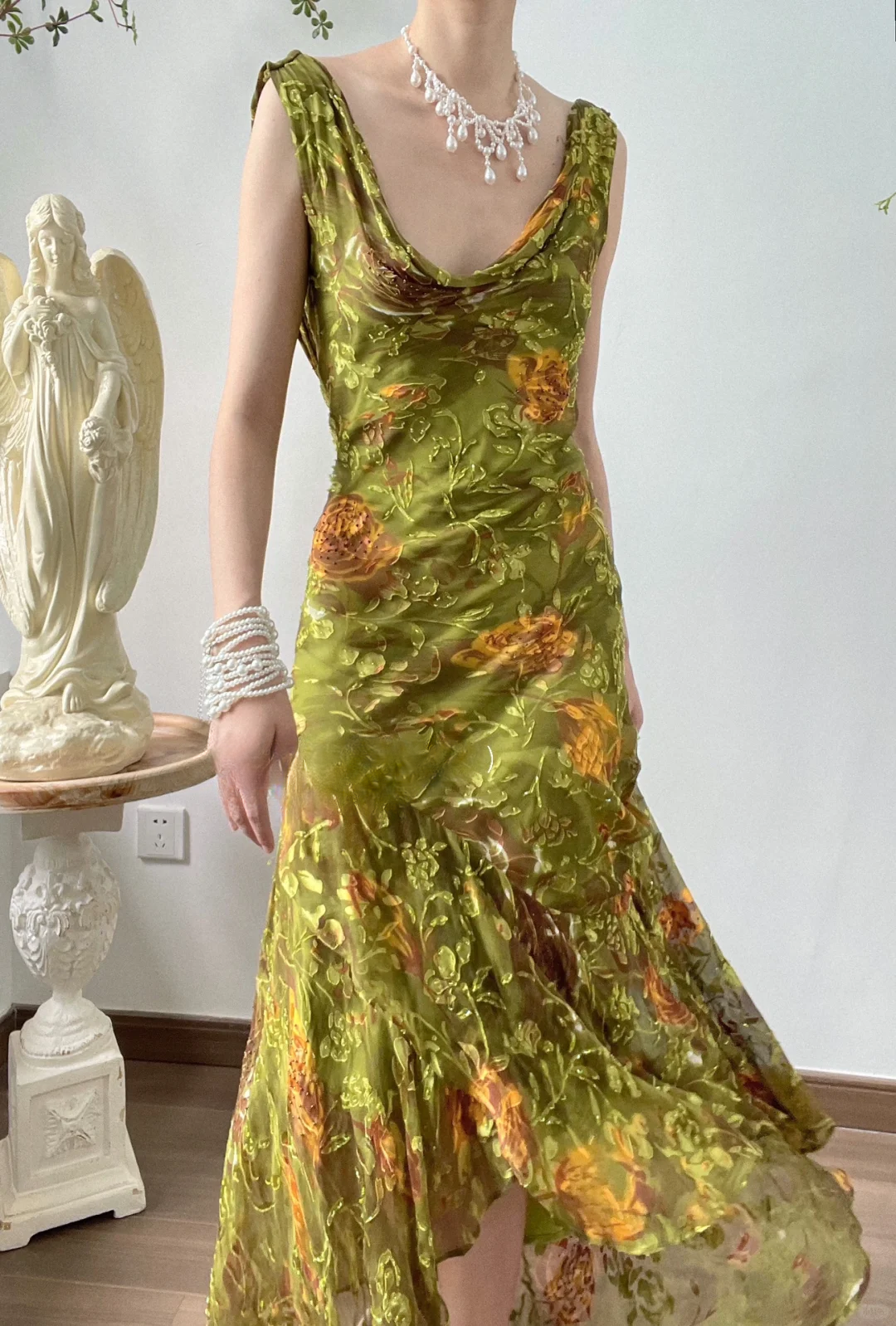Green Exquisite Mermaid Retro Print Floral Chiffon Long Prom Dress Evening Dress DP3324