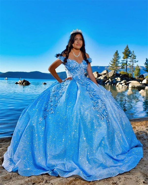 Blue Princess Off Shoulder Long Formal Prom Dress Flowers Appliques Quinceanera Dress Ball Gown DP699