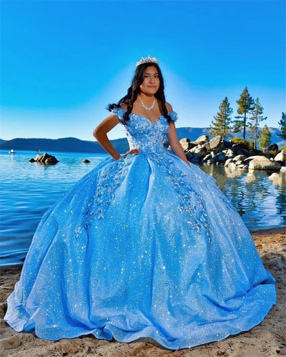Blue Princess Off Shoulder Long Formal Prom Dress Flowers Appliques Quinceanera Dress Ball Gown DP699