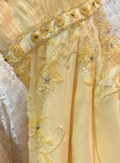 Vintage Mermaid V Neck Beaded Yellow Lace Chiffon Prom Dress Wedding Guest Dress DP4279