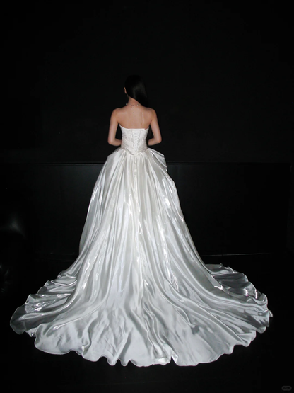 Pretty Ball Gown Strapless Corset Pleated White Satin Long Wedding Dress DP8093