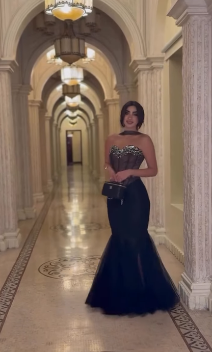 Sexy Mermaid Sweetheart Neck Beaded Black Tulle Long Prom Dress Evening Dress DP4333