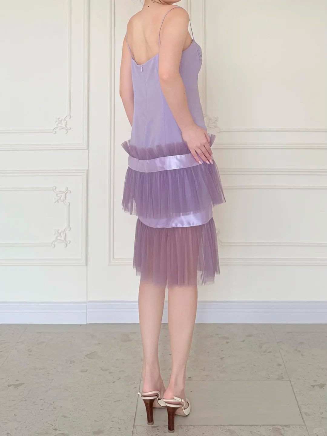 Lilac A Line Spaghetti Strap Satin Layered Tulle Short Prom Dress Homecoming Dress DP5431