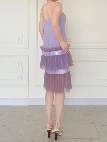 Lilac A Line Spaghetti Strap Satin Layered Tulle Short Prom Dress Homecoming Dress DP5431