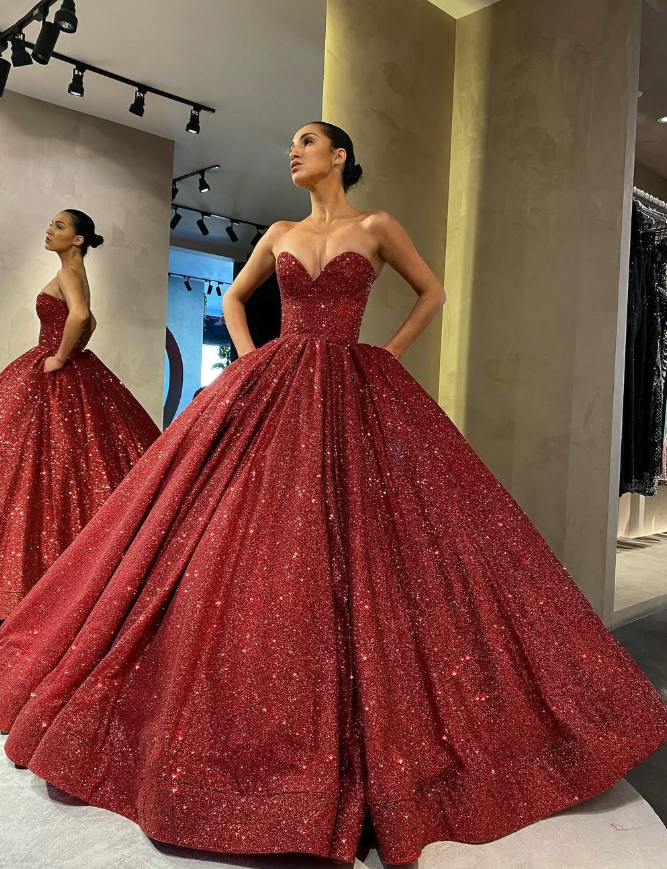 Red Sexy Ball Gown Sweetheart Neck Sequin Prom Dress Evening Dress DP5591