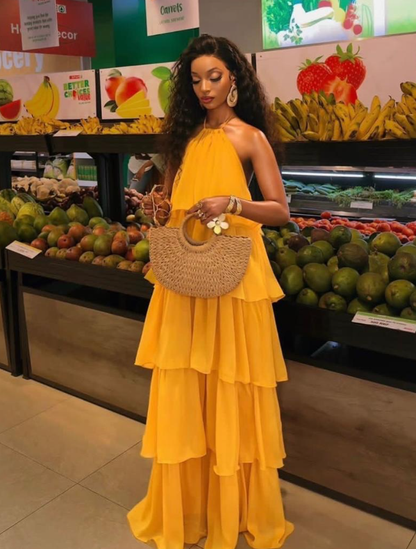 Dark Yellow A Line Halter Layered Chiffon Backless Prom Dress Outfits DP6318