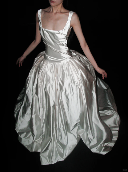 High-class Elegant A Line Silky Satin Backless Long Sweep Wedding Dress DP5206