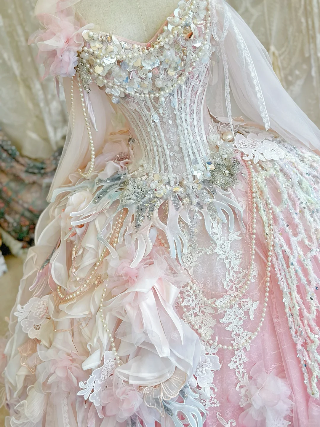 Stunning Ball Gown Strapless Pearl Beaded Pink Organza Prom Dress 16th Birthday Dress DP3841