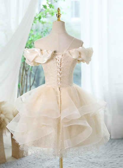 Cute Light Champagne Off Shoulder Homecoming DressTulle Short Prom Dress  DP304