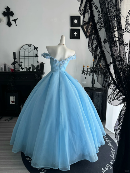 Baby Blue Ball Gown Off the Shoulder Floral Tulle Prom Dress Quinceanera Dress DP6957