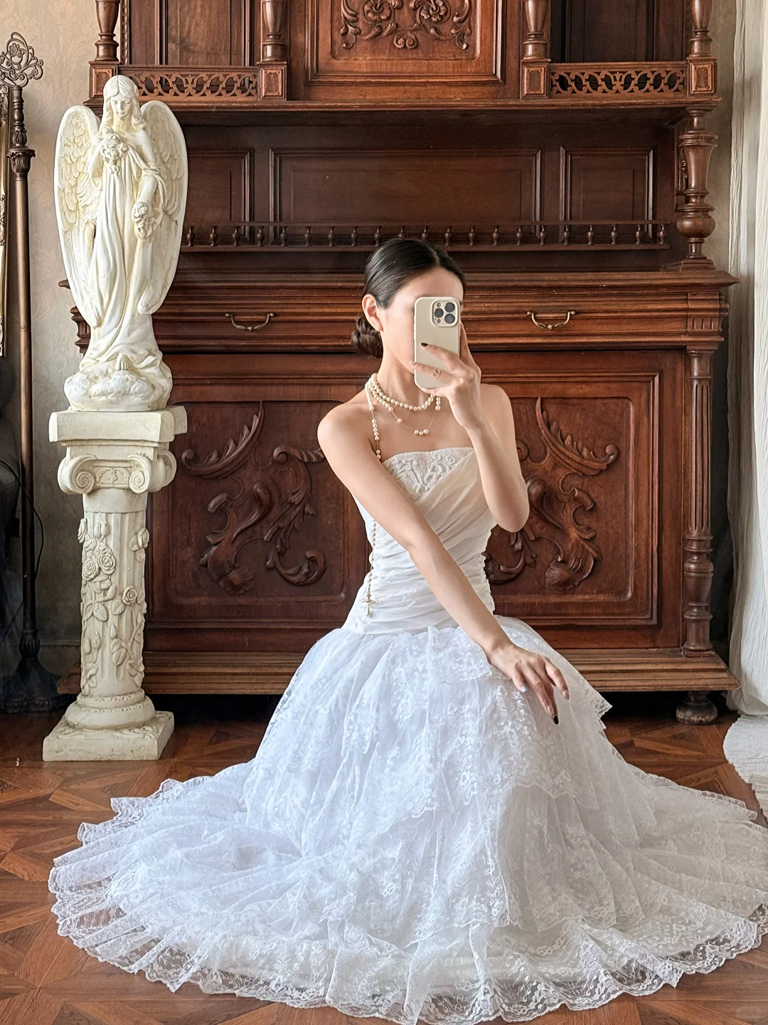 Vintage Princess White A Line Layered Lace Satin Long Prom Dress Evening Dress DP5617