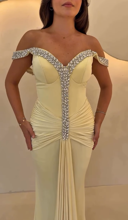 Yellow Mermaid Off the Shoulder Beaded Pleated Satin Prom Dress Evening Dress DP4335
