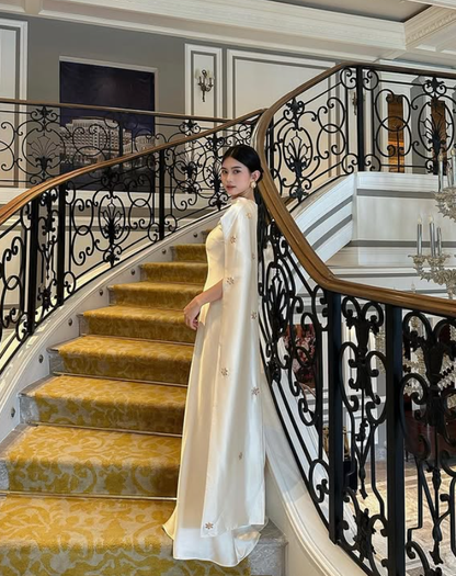 Gentle Ivory A Line Round Neck Beaded Satin Long Prom Dress 16th Birthday Dress DP3970