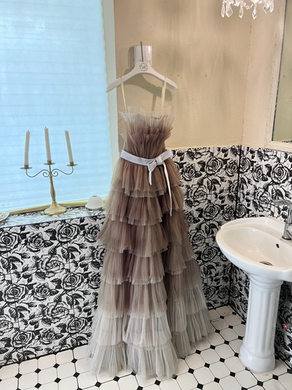 Unique Brown Grey Ombre A Line Strapless Layered Tulle Long Prom Dress Formal Dress DP3328