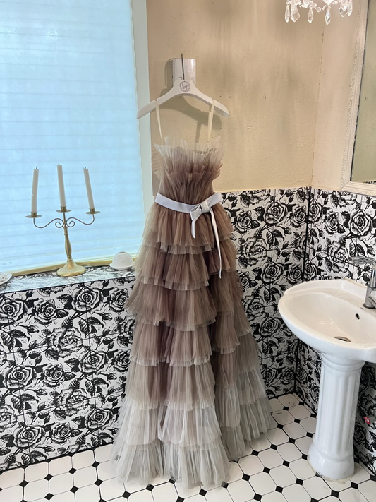 Unique Brown Grey Ombre A Line Strapless Layered Tulle Long Prom Dress Formal Dress DP3328