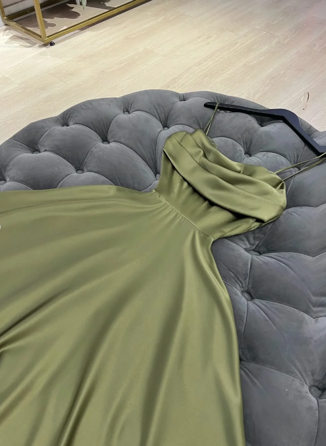 Gentle Olive Green A Line Pleated Satin Prom Dress Evening Dress DP5258
