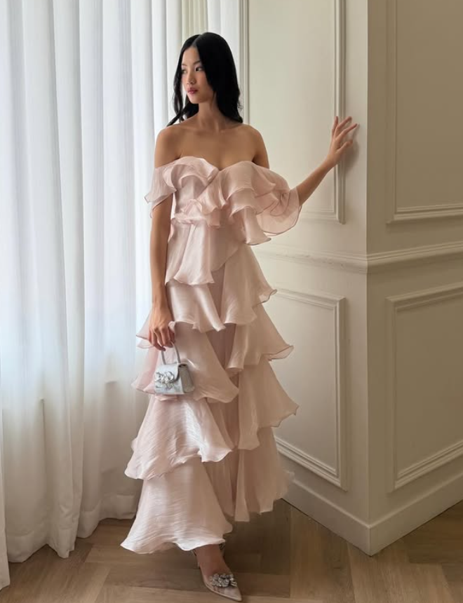Gentle Light Pink A Line V Neck Layered Satin Prom Dress Evening Dress DP5779