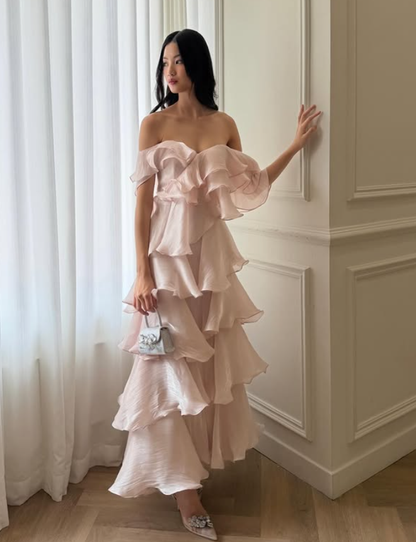 Gentle Light Pink A Line V Neck Layered Satin Prom Dress Evening Dress DP5779